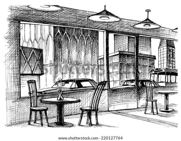 Restaurant\
interior vector sketch, city street\
view