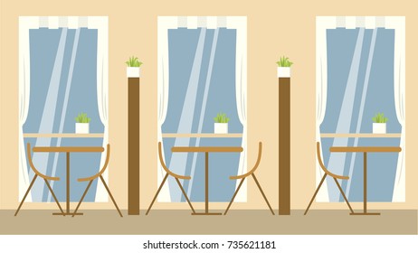 Restaurant interior view. Light and calm interior with chairs and tables.