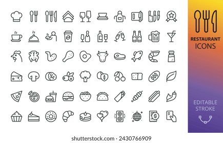 Conjunto de iconos aislados de restaurante. Conjunto de comida de restaurante, sombrero de chef, alcohol, mariscos, almuerzo, desayuno continental en el hotel, café postre, café, bistec, mesero iconos vectoriales con trazo editable