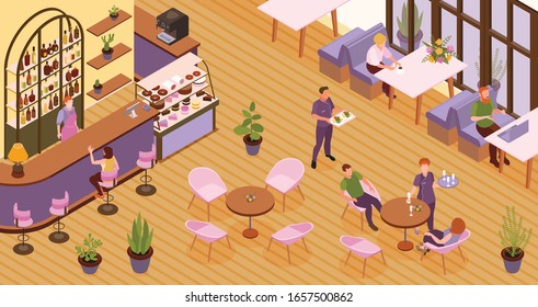 Restaurant isometric background with people having lunch or coming for cup of coffee vector illustration 