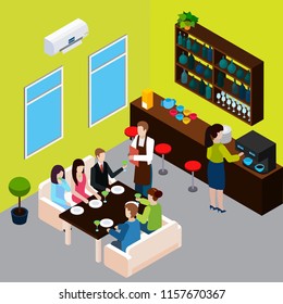 Restaurant isometric composition waiter with menu and customers on sofas barista during making coffee vector illustration 