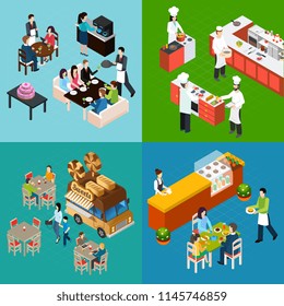 Concepto de diseño isométrico del restaurante con camareros y clientes chefs en la cocina comida callejera ilustraciones vectoriales aisladas