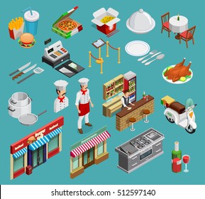  Restaurant isometric icons set with food and cooking symbols on blue background isolated vector illustration 