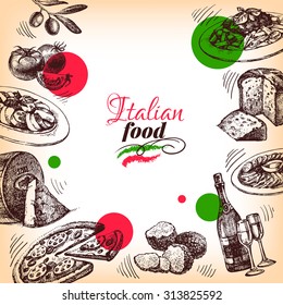 Restaurant Italian cuisine menu design. Hand drawn sketch vector illustration