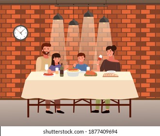 Restaurant in italian style flat vector illustration. Dining table with pasta and snacks. Arrangement of furniture. Family eating italian food. People have dinner together. Parents drink wine