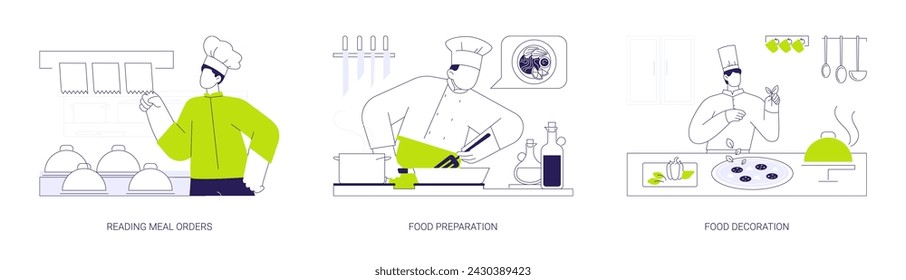 Restaurant kitchen abstract concept vector illustration set. Reading meal orders, meal preparation and decoration, restaurant chef cooking food, kitchen staff, horeca business abstract metaphor.