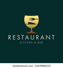 Restaurant kitchen and bar logo design. Glass of wine, fork and knife modern logotype. Luxury cafe logo.