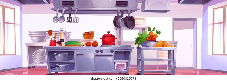 Restaurant kitchen cartoon interior with fresh vegetables on counter - professional cooking space with hanging utensils, storage cabinets, arranged cookware. Culinary workplace with preparation area.