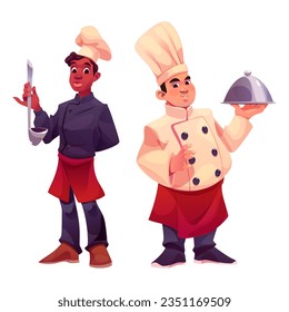 Restaurant kitchen chef character cartoon vector illustration. Chief cook worker people set for professional hospitality service. Culinary staff in apron with soup laddle and cloche plate design