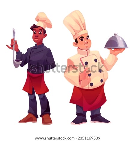 Restaurant kitchen chef character cartoon vector illustration. Chief cook worker people set for professional hospitality service. Culinary staff in apron with soup laddle and cloche plate design
