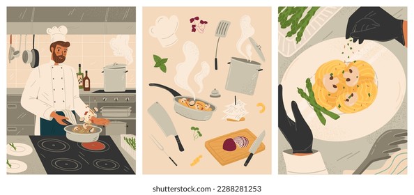 Restaurant kitchen with chef cook dish dinner. Vector posters set. Restaurant inteior, cooking food, pasta and kitchen utensils. Professional chef catering serivce