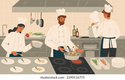 Restaurant kitchen with chef cook dish dinner, vector illustration. Restaurant inteior, cooking food. Professional chef catering serivce