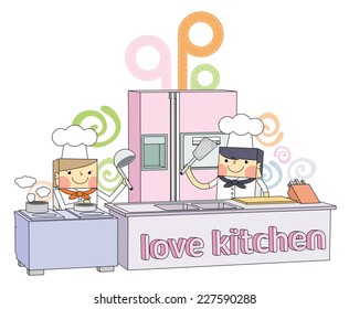 Restaurant kitchen chef line character illustration 