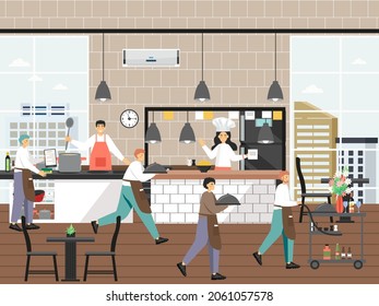 Cocina de restaurante con personajes de chef y camarero, ilustración vectorial plana. Restauración, restauración, trabajo en equipo.