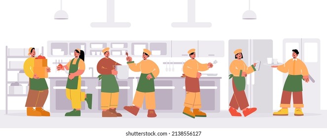 Restaurant kitchen with chef, workers and waiter. Vector flat illustration of cafe or cafeteria cuisine with professional staff, men and women cooks with cooker pot, pan, knife and menu