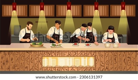 Restaurant kitchen with culinary staff in uniform apron and hat. Commercial banner of kitchen with cartoon characters chef cook dish dinner or dessert. Professional cooking table. Vector illustration