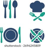 Restaurant and Kitchen Cutlery icon set featuring fork, knife, spoon, and tableware. Perfect for dining, cooking, chef, and kitchen design projects