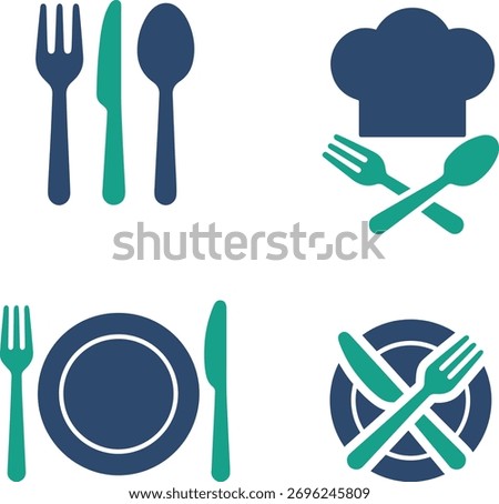 Restaurant and Kitchen Cutlery icon set featuring fork, knife, spoon, and tableware. Perfect for dining, cooking, chef, and kitchen design projects