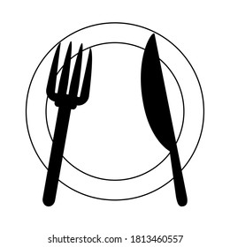 restaurant kitchen dishware plate fork and knife line icon style vector illustration