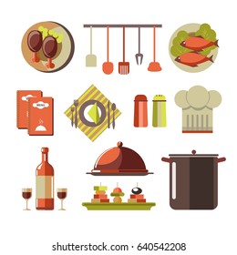 Restaurant kitchen elements colorful set isolated on white