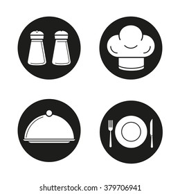 Restaurant kitchen equipment black icons set. Salt and pepper shakers and chef's hat. Dish plate, fork and table knife icons. Restaurant serving items illustrations. Vector restaurant logo concepts