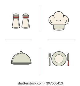 Restaurant kitchen equipment color icons set. Salt and pepper shakers, chef's hat, covered dish. Fork, knife and plate. Tableware. Vector isolated illustrations