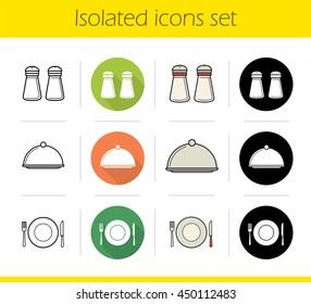 Restaurant kitchen equipment icons set. Flat design, linear, black and color styles. Salt and pepper shakers, covered serving dish, fork, plate and table knife. Isolated vector illustrations