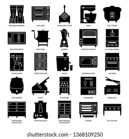Restaurant Kitchen Equipment Silhouette Icon Set In Flat Style. Commercial Cooking Appliances Symbols Collection. Vector Illustration.