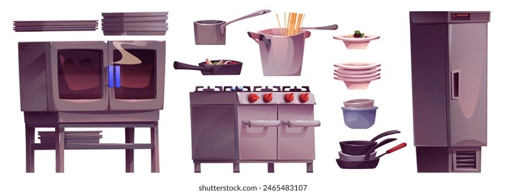 Restaurant kitchen furniture set isolated on white background. Vector cartoon illustration of cooking equipment, metal refrigerator, oven, cooker, clean frying pans, plates and bowls, catering design