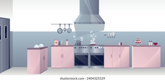 Restaurant kitchen. Horizontal panorama, culinary room interior background