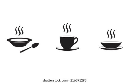 Restaurant and kitchen icons set: soup plate and coffe cup with hot food and drinks. Vector illustration.