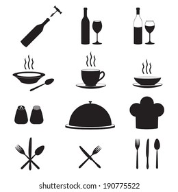 Restaurant and kitchen icons with wine bottle, cup, fork, spoon, knife. Vector illustration.