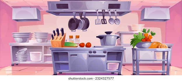 Restaurant kitchen interior for chef cook cartoon vector illustration. Commercial hotel industry modern furniture for food preparation and serving. Modern clean catering equipment in cafeteria