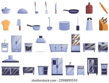 Restaurant kitchen interior icons set cartoon vector. Catering cafe service. Furniture equipment