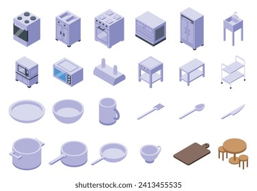 Restaurant kitchen interior icons set isometric vector. Chef staff. Furniture equipment