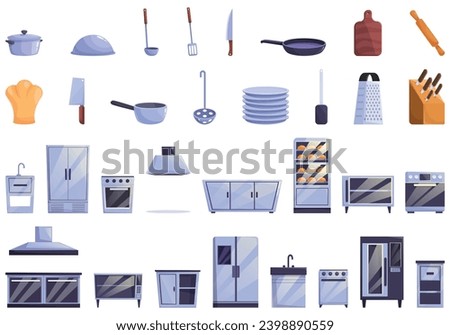 Restaurant kitchen interior icons set cartoon vector. Catering cafe service. Furniture equipment