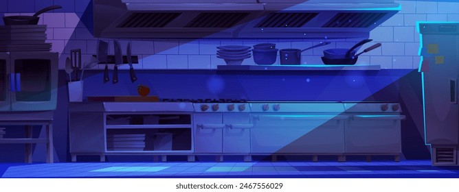 Interior de la cocina del restaurante por la noche. El Vector de dibujos animados vacía cocina oscura de la noche con muebles, equipos y utensilios bajo los rayos de la luna. Espacio de trabajo comercial del chef limpio para la cocina de alimentos.