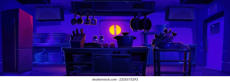 Restaurant kitchen interior at night. Vector cartoon illustration of dark room with cooking table and equipment, kitchenware on trays, vegetables in bowl, oven, cooker and fridge. Catering business