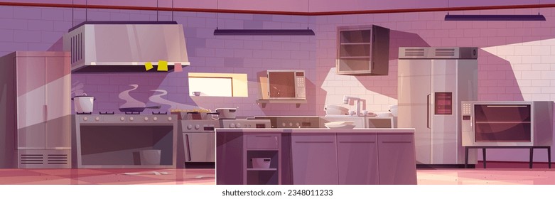 Restaurante de cocina con equipo profesional de chef al estilo de las caricaturas. Ilustración vectorial horizontal de habitación comercial desde el interior con muebles y electrodomésticos para el servicio de cocina de alimentos.