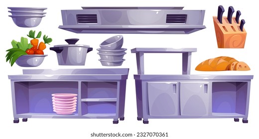 Restaurant kitchen interior with professional equipment for cooking food. Modern hotel, cafe or hospital kitchen with tables, counter, hood, plates and knives, vector cartoon illustration