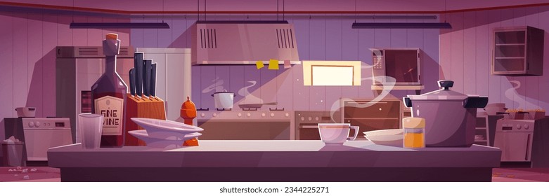 Restaurant kitchen interior with professional equipment and furniture. Vector cartoon illustration of large room with dishes and bottles on table, fridge, oven, microwave, steam over pans on cooker