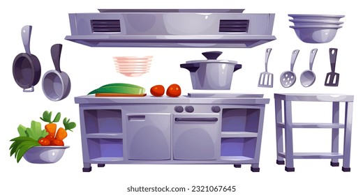 Restaurante de cocina ambientado para cocinero cocinar dibujos animados ilustrados vectoriales. Industria hotelera comercial mobiliario moderno para la preparación y el servicio de comida. Equipamiento moderno y limpio para la restauración objetos aislados