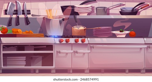 Restaurant kitchen interior. Vector cartoon illustration of room with cooking equipment, vegetables on metal table, pasta boiling on cooker, clean pans, plates and bowls on shelves, catering design