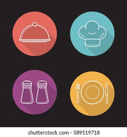 Restaurant kitchen items. Flat linear long shadow icons set. Salt and pepper shakers, chef's hat, covered dish, fork, plate and table knife. Vector line illustration