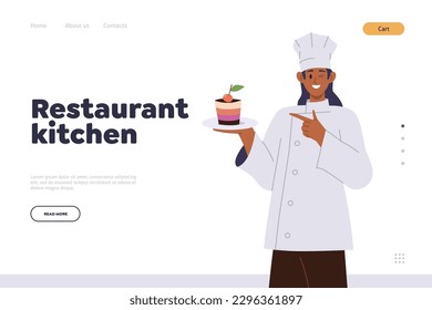 Restaurant kitchen landing page with female confectioner character presenting new dessert recipe