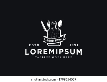 Restaurant kitchen logo design inspiration. Vector illustration of cutting board with knife, spoon and fork