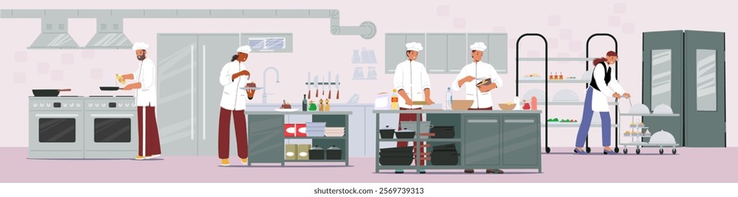 Restaurant kitchen professional staff cooking gourmet food preparing culinary dishes providing catering service vector illustration scene. Busy chefs cooks and waitress cartoon characters at workplace