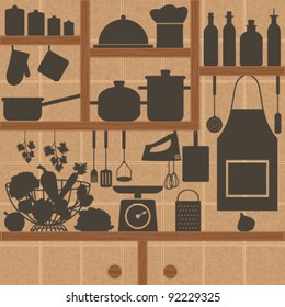 Restaurant and kitchen related symbols on tiled background 2 Silhouettes of kitchen objects on textured tile wall.