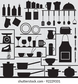 Restaurant and kitchen related symbols on tiled background 1 Silhouettes of kitchen objects on gray tiled wall.