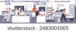 Restaurant kitchen scene. Professional staff at work, cooking food, preparing dishes. Catering service business. Chefs cooks, preparation process. Flat vector illustration isolated on white background